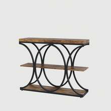 Mesa de entrada industrial de 99 cm (39"), mesa consola de 3 niveles con estructura metálica circular, mesa auxiliar con estantes de madera, ideal para entrada, pasillo, sala de estar o recibidor. Color negro. - Negro - Ver 6