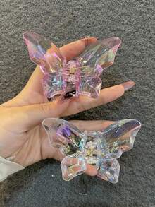 2个/1个女士白色和粉色水晶蝴蝶发夹，时尚简约渐变发饰，适合日常佩戴、洗脸、化妆、搭配服装，爪夹，发爪，发夹，发饰，时尚发夹，夏季穿搭 - 彩色 - 查看 2