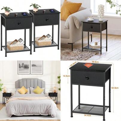 Night Stand Set 2 Bedside Table With Fabric Drawer Industrial End Tables Living Room With Storage Shelf Slim Nightstand For Bedroom Small Spaces Black HET03SDBK