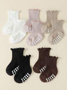 5 Pairs Girls Solid Color Frill Trim Non-Slip Mid-Calf Socks, Spring/Autumn - Multicolor - View 3