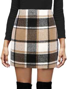 Womens High Waist Plaid Skirts Bodycon Pencil Mini Skirts Classic Fall Winter Christmas Plaid Zip Up Wool Pencil Skirts Christmas Party Outfits - 鏽棕色 - 查看 1