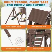 Wooden Swing Set For Kids Ages 3–8, Large Outdoor Fir Playhouse With Double Towers, Wave Slides, Swings, Climbing Wall & Ladder, Spacious Backyard Playground Structure 170.5" D X 287.4" W X 117" H - 14 In 1 - View 5