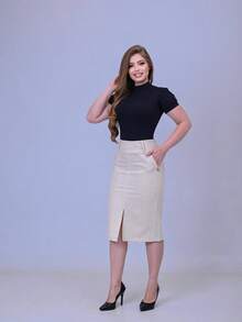 Linen High-Waisted Midi Skirt, Straight Leg, Formal/Office Style, With Front Slit - Màu be - Xem 6