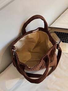Bolso de mano versátil de estilo minimalista casual, bolso de hombro elegante de gran capacidad con rayas de unicolor, bolso cruzado de moda con decoración de letras, adecuado para el trabajo, el transporte, las compras y otras ocasiones - Café integral - Ver 11
