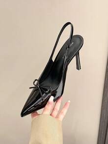 Women's Fashion Pointed Toe Bowknot Pumps, Elegant Slip-On High Heels Suitable For Wedding, Party, Commuting - Black - View 9
