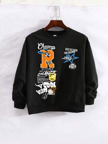 青少年男孩休闲简约酷炫卡通设计运动风格套头衫圆领长袖毛衣秋冬新款男童衣服儿童 - 黑色 - 查看 2