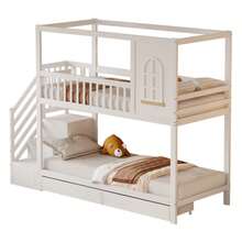 Bunk Bed For Children, 90*200cm, Solid Wood Double Bed, House Shape With Windows, Safety Fence Design, With Storage Drawers And Safety Ladder, Wood Color - 白色 - 查看 7