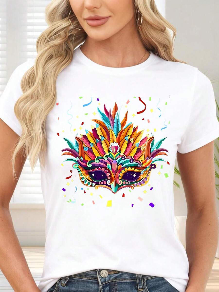 T-Shirt With Colorful Carnival Mask And Confetti Print For Parties And Themed Events - White - View 1