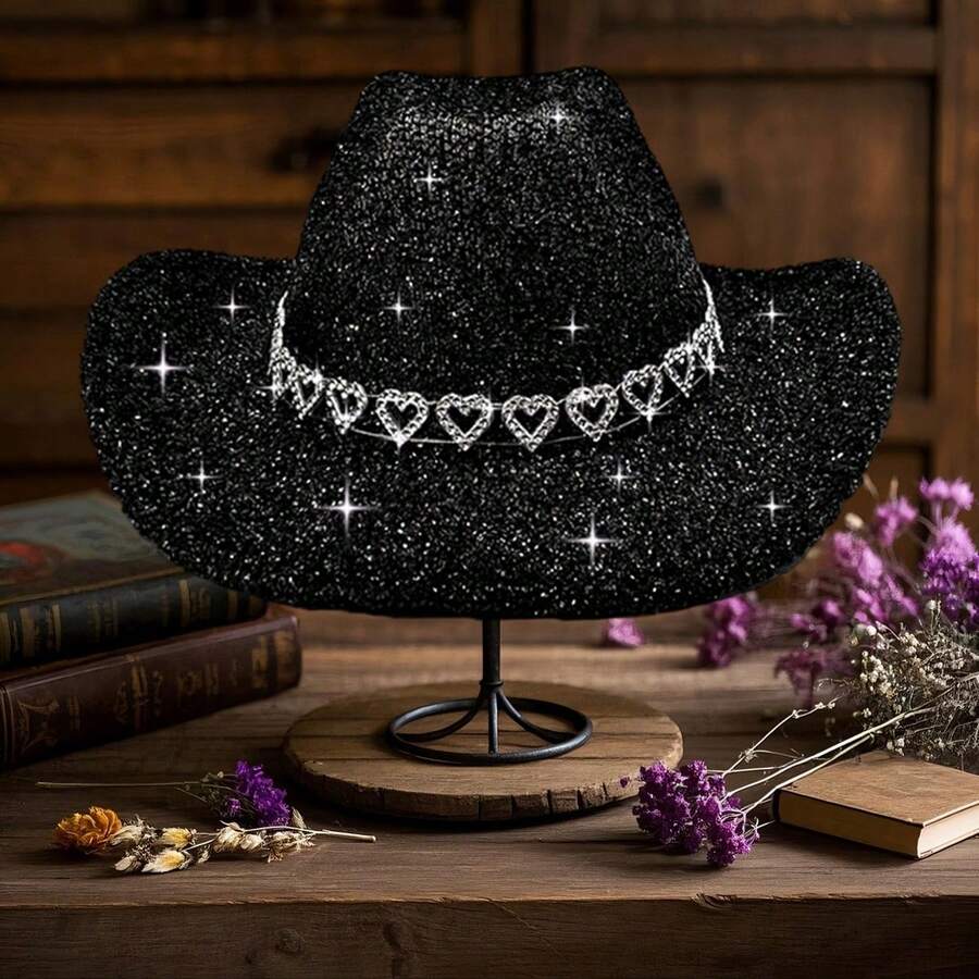 Adults Glitter Western Cowgirl Hats With Rhinestones Fashionable Wide Brim Fedora Caps For Outdoor Vacation - 黑色 - 查看 1