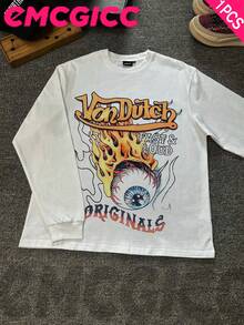 EMCGICC Y2k Long Sleeve Shirt, Urban Art Punk Graphic T-Shirt Cotton 250g, Preppy Lettering Fashion Hip Hop Men's Long Sleeve T-Shirt, Fun Vintage Shirt, Regular Fit, Motocore Street Style, Digital Print, Ideal Gift - 白色 - 查看 1