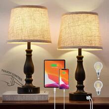 Juego de 2 lámparas de mesa para mesita de noche con puertos de carga USB tacto regulable de 3 vías con visualización de tela de lino lámpara pequeña moderna para dormitorios sala de - visualcinbeigeybasenegra - Ver 1