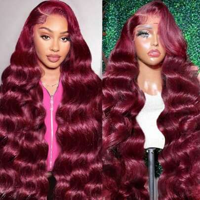 200% Density 99J Burgundy 34Inch 13x4 Lace Front Wigs Human Blended Hair Pre Plucked 99j Red Wine Colored Wig Virgin Human Blended Hair Lace Front Wigs For Women 200 Density Body Wave HD Lace Front Wigs
