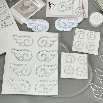 3件/套 ins风高品质3D水晶翅膀、圆形、五角星银色水钻贴纸，适用于装饰日记本、手账、化妆品，批发