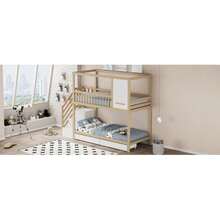 Beliche infantil, 90*200cm, cama de casal em madeira maciça, formato de casinha com janelas, design com grade de , gavetas para armazenamento e escada de , cor madeira. - Castanho - Ver 6