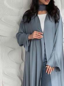 Hafizah 女款簡約優雅垂墜緞面長版開襟外套 Abaya 外套 - 灰色 - 查看 4