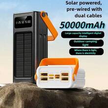 50000mAh大容量太阳能移动电源22.5W快充移动电源，带LED露营灯/LED电量显示/4个USB接口，可为手机/安卓电子设备充电，户外旅行便携式应急电源设备，适合暑假户外旅行/露营和应急备用移动电源，送给家人、朋友、生日的礼物便携式充电器 - 黑色 - 查看 2
