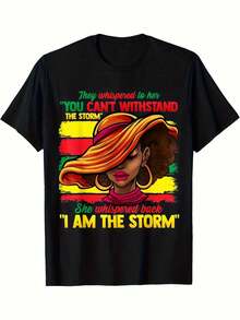Month Women's T-Shirt - "I AM THE STORM" Empowering Design With African-Inspired Colors, 100% Cotton Short Sleeve Round Neck Casual Tee, Machine Washable & Comfortable For Casual Attire, Bold Statement Shirt, Comfortable Fit Shirt - Black - View 2