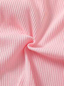 两件套女婴优雅可爱粉色圆领网纱荷叶边拼接罗纹樱桃刺绣长袖上衣和白色蝴蝶印花裙套装 - 粉色 - 查看 9