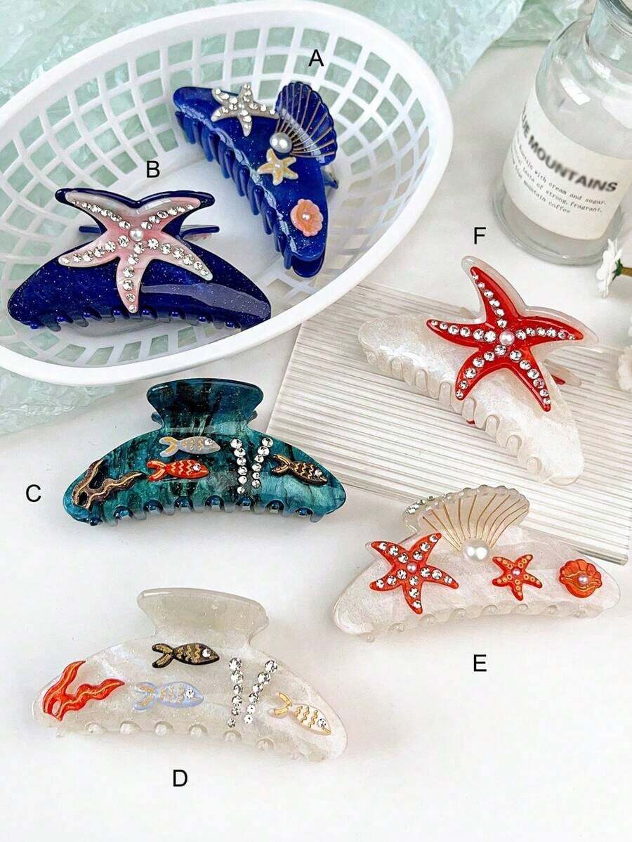 Lobaba 1pc Acetate Creative Dreamy Girl Bohemian Style Ocean Element Seashell Starfish Fish Inlaid Rhinestone Sweet Cool Fairy Half Circular Hair Claw Claw Clips Hair Clips Hair Jaw Clip Hair Clamps Hair Clutch Hair Catcher Clip, School Stuff, College Fall Winter Hair Accessories For Women For Vacation Outfits Woman - E - 查看 1
