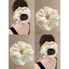 1pc Sweet Cherry Embroidered Pattern Blue Scarf Scrunchie, Soft Fabric Hair Tie, Versatile, Suitable For Spring/Summer Ponytail Holders Hair Elastics Hair Rubber Bands Scrunchies Hair Rope Elastic Hair Tie - 米色 - 查看 1