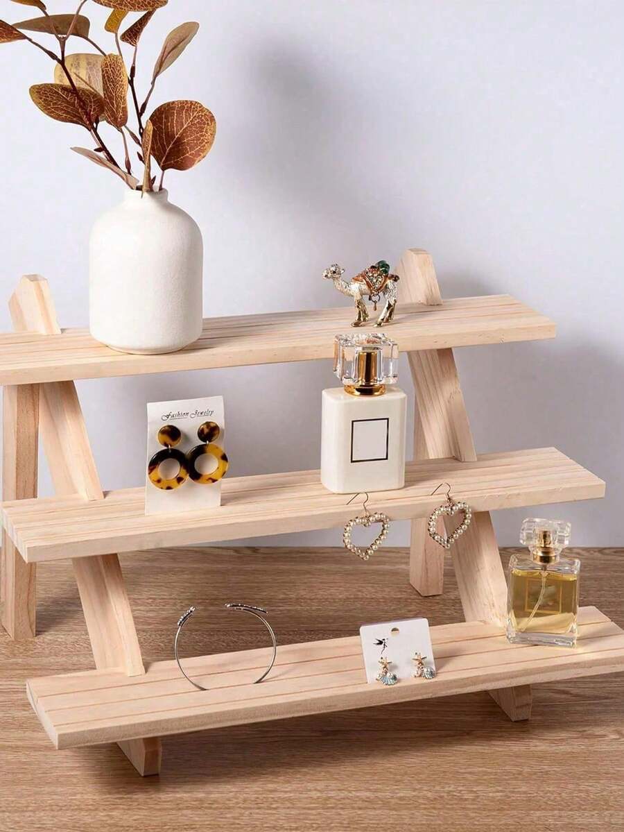 1pc Wooden Stepped Jewelry Display Stand, Creative Accessories Display Rack, Jewelry Organizer, Dessert Display Shelf, Tabletop Figurine Collection Rack, Minimalist Wooden Storage Display Shelf - Beige - View 1