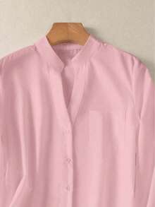 Camisa de mujer de unicolor con cuello en V y botones - Blusa casual y elegante de manga larga con detalle de bolsillo, adecuada para vacaciones, viajes y uso diario, artículo esencial para - Rosa Pálido - Ver 10