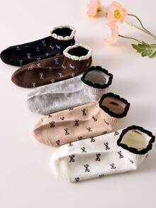 5 Pairs Women's Breathable Cute Bow Pattern Casual Short Socks, Suitable For Daily Wear And Outings, All Seasons - Multicolor - View 3