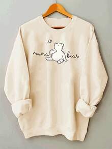 1pc Women's Casual Fleece-Lined Sweatshirt - Heather Gray With Cute Line Art Bear & "Mama Bear" Text, Ribbed Cuffs, Relaxed Fit, Machine Washable, All-Season Comfortgifts For Mom-Free Shipping - 杏色 - 查看 1