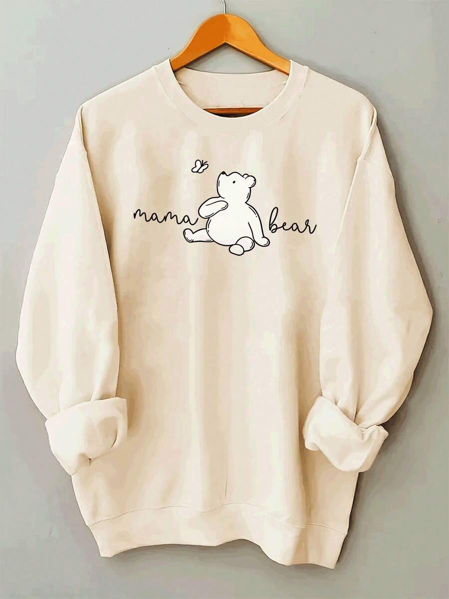 1pc Women's Casual Fleece-Lined Sweatshirt - Heather Gray With Cute Line Art Bear & "Mama Bear" Text, Ribbed Cuffs, Relaxed Fit, Machine Washable, All-Season Comfortgifts For Mom-Free Shipping - 杏色 - 查看 1