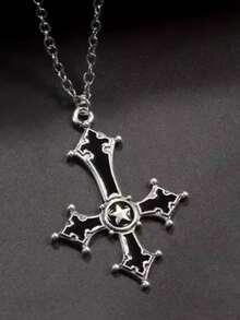 Inverted Cross Necklace With Black Central Star, Gothic Punk Ritualistic Style, Unisex - màu đen - Xem 2