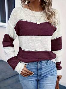 Contrast Color Striped Casual Pullover Sweater Vacation - Burgundy - View 2