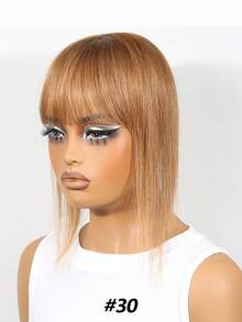 Elegant Straight Human Hair Topper With Bangs Clip In Hairpiece For Thinning Hair Increase Volume And Coverage #30 #6 Color Natural Look Easy Attach Design Hair Volume Enhancer Smooth Texture Hair Extensions For Wig - Multicolor - View 5