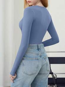 V Neck Long Sleeve Bodysuit - Comfy Double Lined Basic Top - Blue - View 5