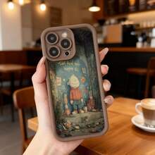 Cubierta de telefono con borde negro para iPhone con estampado de personaje animado en escena de bosque y texto inspirador ideal para uso diario en cafeterias y espacios urbanos Aplicable a los teléfonos de la serie Apple y Galaxy - Burdeos - Ver 5