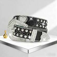 Cintura di lusso con rivetti e strass, fibbia retrò, stile punk con strass multicolore, adatta per casual, feste, Natale, San Valentino, regali di compleanno - Amore - Visualizzare 4