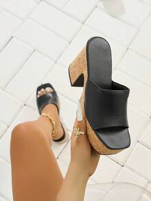 女士经典露趾坡跟凉鞋，透气套穿式厚底高跟防水穆勒鞋，黑色 - 黑色 - 查看 1