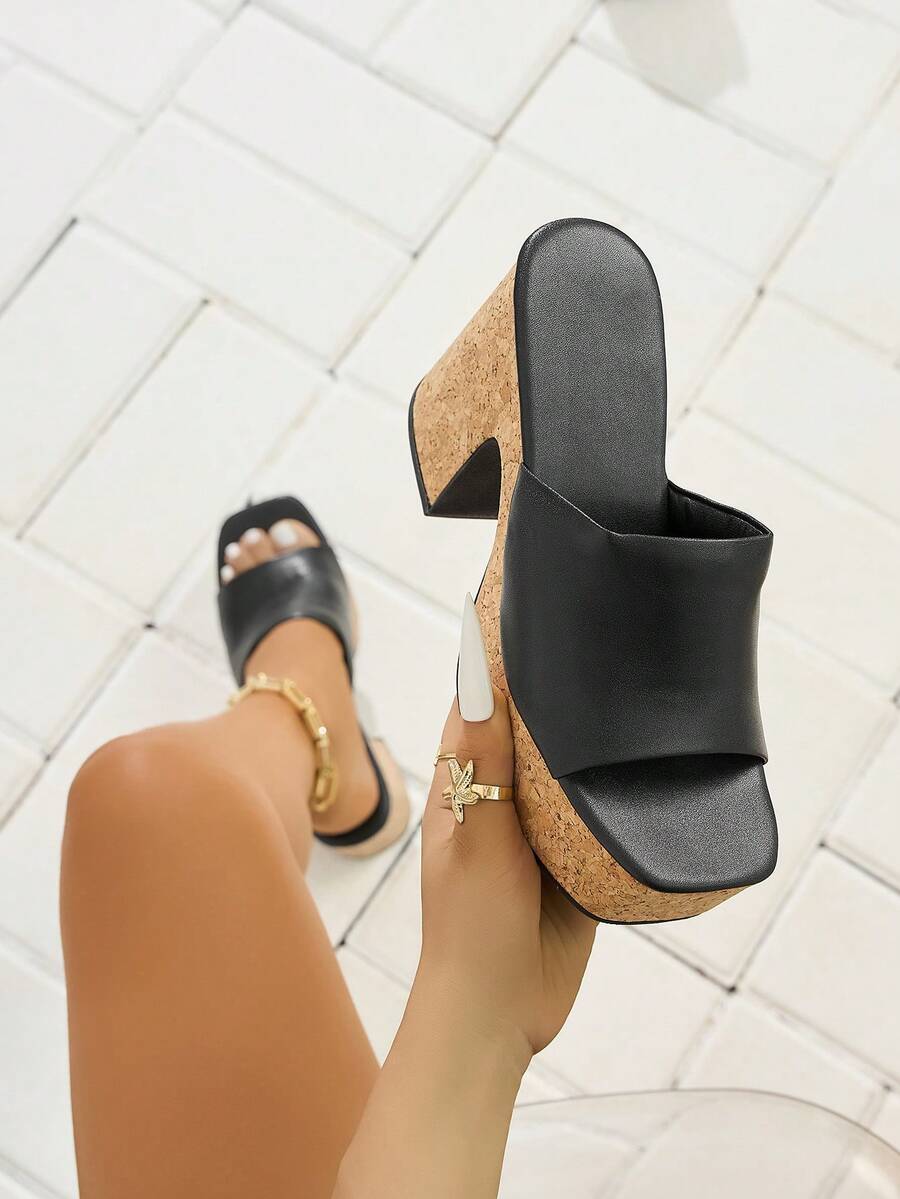 女士经典露趾坡跟凉鞋，透气套穿式厚底高跟防水穆勒鞋，黑色 - 黑色 - 查看 1