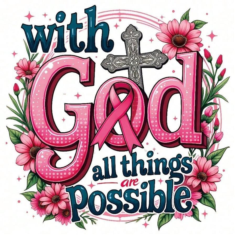 1pc Iron On Heat Tranfers Inspirational "With God, Anything Is Possible" Pink Floral Heat Transfer Decal - , Washable Plastic Decal For DIY T-Shirts, Hoodies, Jeans, Backpacks, Handbags, Pillow-Cases And Vintage Baseball Caps And Shirt Decals Printed & Shipped In USA - 彩色 - 查看 1
