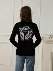 时尚图案印花长袖圆领 T 恤，休闲宽松百搭女式上衣，秋季 - 黑色 - 查看 2