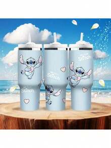 Stitch 30oz Stainless Steel Insulated Travel Mug With Lid & Straw - 304 , Car Cup Holder Compatible, Double-Wall Vacuum Insulation For Hot/Cold Drinks, Vibrant Stitch Design With Hearts & Beach Scene - Perfect For Travel, Home, Office, Gift For Fans, Travel Drinkware, Playful Design, Office Drinkware, Fun Drinkware, Construction, Reusable Tumbler, Office Workers - Multicolor - View 9