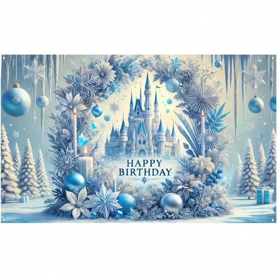TYUI Frozen Happy Birthday Banner Princess Castle Backdrop Frozen Party Decorations Happy Birthday Princess Banners Decorations For Celebration Party Supplies Backdrops For Women Girls 71x43 Inch - 冰雪奇緣生日快樂橫幅 - 查看 1