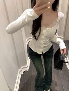 Women's Autumn/Winter New Lace Patchwork Pure Elegant Long Sleeve Slim Fit Knit Top - White - View 10