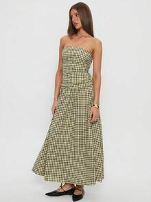 Women Tube Long Dress Ruched Boat Neck Backless Sleeveless Strapless Flowy Dresses - 綠色 - 查看 4