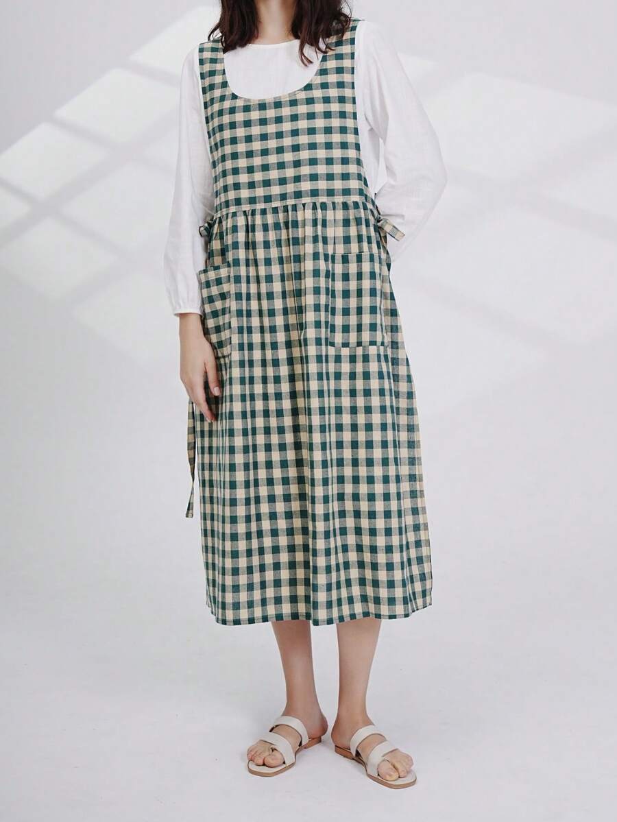 Apron, Round Neck, Length Adjustable, Side Fork, Large And Diverse System, Two Pockets, Kitchen, Housework,Garden, Handmade