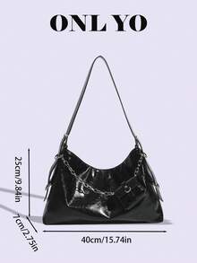 1pc This Y2K Style Chain Shoulder Bag/Handbag/Women's Bag Is In Glossy Black And Features A Small Pocket, Giving It A Cool Street Style Vibe.