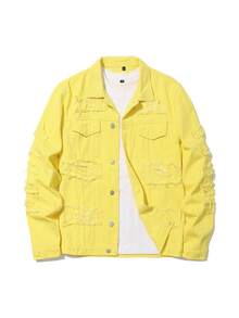 Men'S Ripped Denim Jacket Slim Fit Jean Outerwear Streetwear Casual Coat - 黃色 - 查看 1