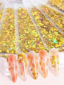 7 Packs X 2g Laser Yellow Glitter Set, Holographic Round, Heart, Pentagram Thin Flakes Nail Art Decorations, DIY Nail Sticker Design - Gold - View 3