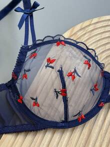 1 Sets Of 2 Pieces Ladies' Blue Cherry Red Cute And Playful Daily Bra Set, Semi Transparent Sexy And Comfortable Ultra Short Top And Thong, Comfortable Home Style Underwear And Underwear