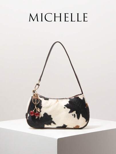 1 pieza Bolso de hombro, estampado animal, estampado de vaca, billetera de peluche, bolso de trabajo para mujer, regalo para mujer, llavero de cereza, accesorios para bolsos, estilo de otoño/invierno (patrón aleatorio)