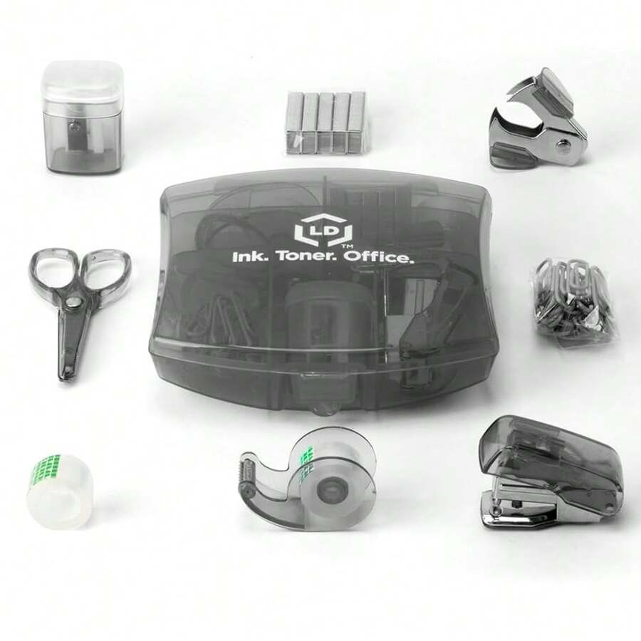 LD Products Black Mini Office Supply Kit Portable Case With Scissors, Paper Clips, Tape Dispenser Set, Pencil Sharpener, Mini Stapler With Staples And Staple Remover,Black - 黑色的 - 查看 1